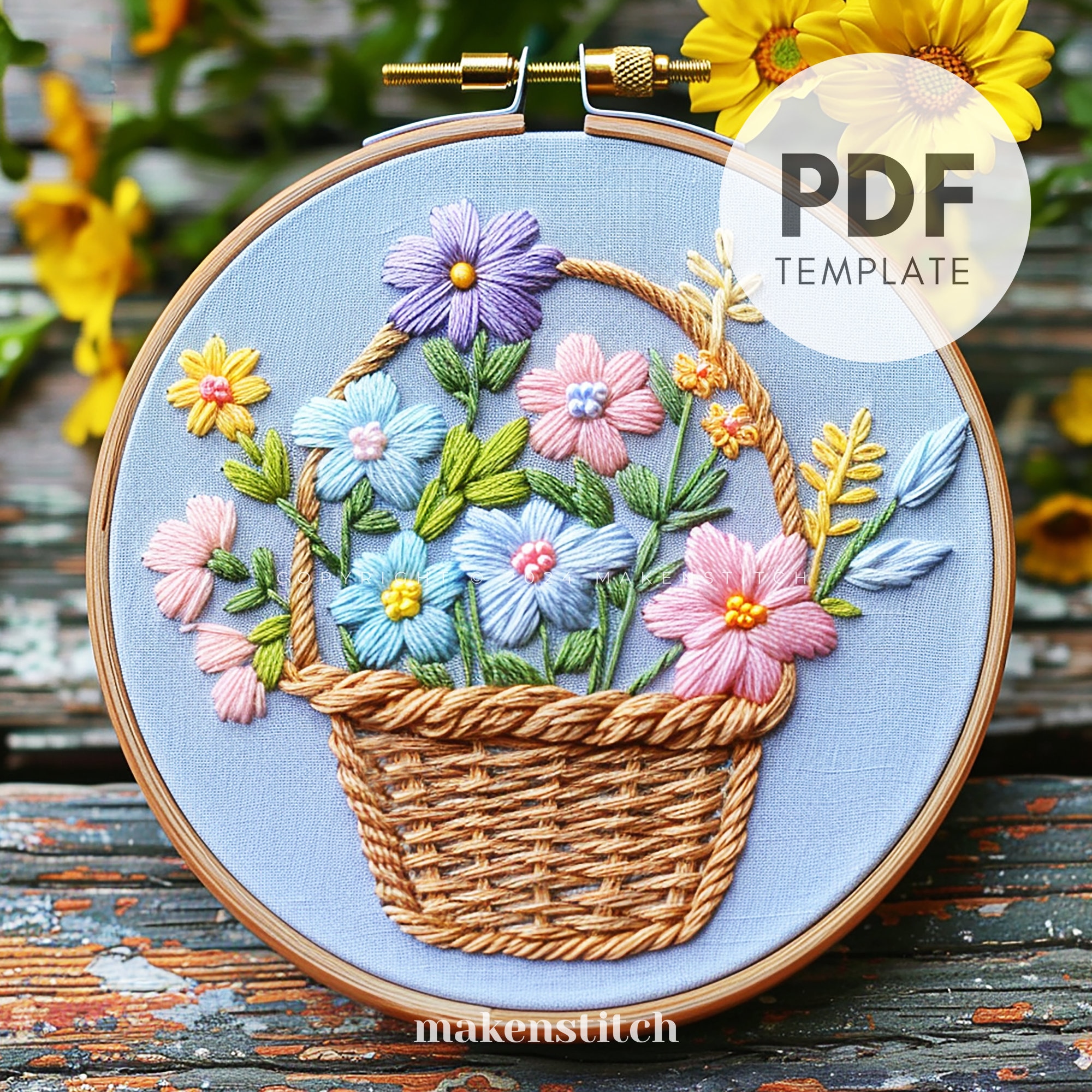 フラワーバスケットの手刺繍パターン：花柄（デジタルダウンロード