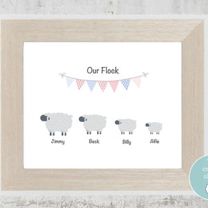 May include: A framed print with the text "Our Flock" and a string of bunting with pink and blue triangles. Four white sheep with black faces are pictured below the bunting with the names "Jimmy", "Beck", "Billy", and "Alfie" written underneath each sheep.