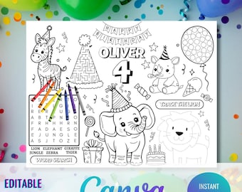 PARTY ANIMAL kleurplaat afdrukbaar, feestbeest verjaardag activiteitenblad, bewerkbare kinderkleurplaat, safari partij gunst afdrukbaar