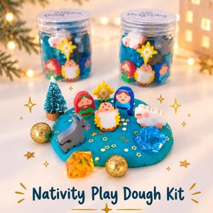 May include: A Nativity play dough kit featuring two clear plastic jars filled with small colorful figurines and a blue dough base decorated with miniature figures of a baby, adults, a donkey, a sheep, a tree, gold glitter, and crystals.