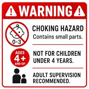 Puede incluir: Una se&ntilde;al de advertencia rectangular roja y blanca con el texto WARNING en la parte superior, un icono de CHOKING HAZARD para edades de 0-3, el texto NOT FOR CHILDREN UNDER 4 YEARS y un icono de ADULT SUPERVISION RECOMMENDED para mayores de 4 a&ntilde;os.