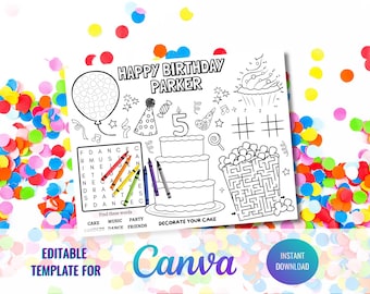 KIDS KLEURPLATEN VERJAARDAG-activiteitenpagina, bewerkbare canvassjabloon afdrukbaar, printables kinderfeestje, gepersonaliseerde instant download, feestartikelen