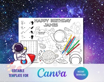 EXTERNE RUIMTE VERJAARDAG Kleurplaat afdrukbare, gepersonaliseerde ruimte activiteitenblad, bewerkbare naam afdrukbaar, Instant Download, Galaxy Coloring