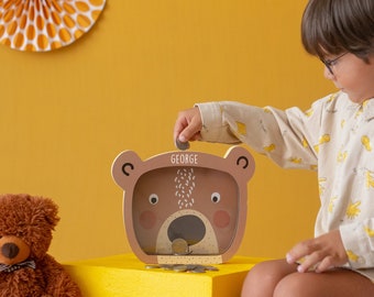 Bear Piggy Bank, Bear Custom Name Money Box, Personalized Montessori Piggy Bank, Christmas Gift for Kids, Bear Baby Shower Decorations