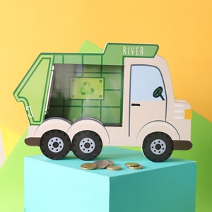 Personalized Garbage Truck Piggy Bank, Custom Name Money Box, Garbage Truck Piggy Banks for Boys, Construtction Vehicle, Dump Truck