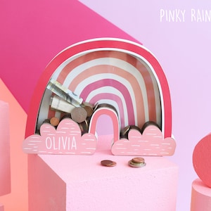 Personalisierte rosa Regenbogen Sparschwein, Regenbogen Pinky Spardose, benutzerdefinierte Name Regenbogen Sparschwein für Mädchen, Boho Regenbogen, Kinderzimmer Dekor Baby