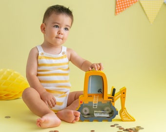 Personalized Excavator Piggy Bank, Bulldozer Money Box, Tractor Piggy Banks for Boys Personalized, Money Box Gift, Custom Adult Piggy Bank