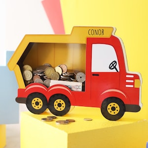 Dump Truck Piggy Bank, Personalized Truck Piggy Banks for Boys, Personalized Construction Gift, Custom Name Toddler Gift Dump Truck Nursery