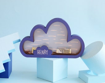 Blue Cloud Personalized Piggy Bank, Custom Cloud Money Bank, Baby Room Decor, Baby Shower Gift, Cloudy Nursery Decor, Easter, Wooden Cloud