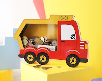 Dump Truck Piggy Bank, Personalized Truck Piggy Banks for Boys, Personalized Construction Gift, Custom Name Toddler Gift Dump Truck Nursery