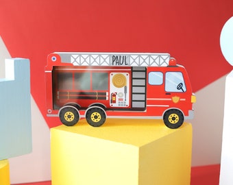 Personalized Fire Truck Piggy Bank, Custom Name Money Box, Fire Truck Piggy Banks for Boys Personalized, Construction Vehicle, Fire Truck