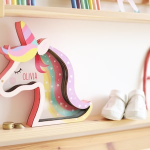 Unicorn Personalized Piggy Bank, Unicorn Custom Name Money Bank, Unicorn Nursery Decor, Kid's Playroom Decor, Unicorn Birthday Gift, image 7