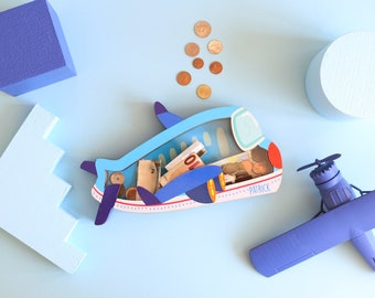 Personalisiertes Sparschwein Mit Flugzeug-Motiv - Weiße Keramik-Spardose Mit Gravur