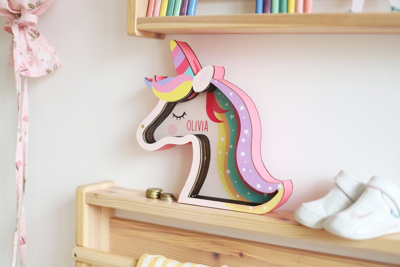 Unicorn Personalized Piggy Bank, Unicorn Custom Name Money Bank, Unicorn Nursery Decor, Kid's Playroom Decor, Unicorn Birthday Gift, image 5