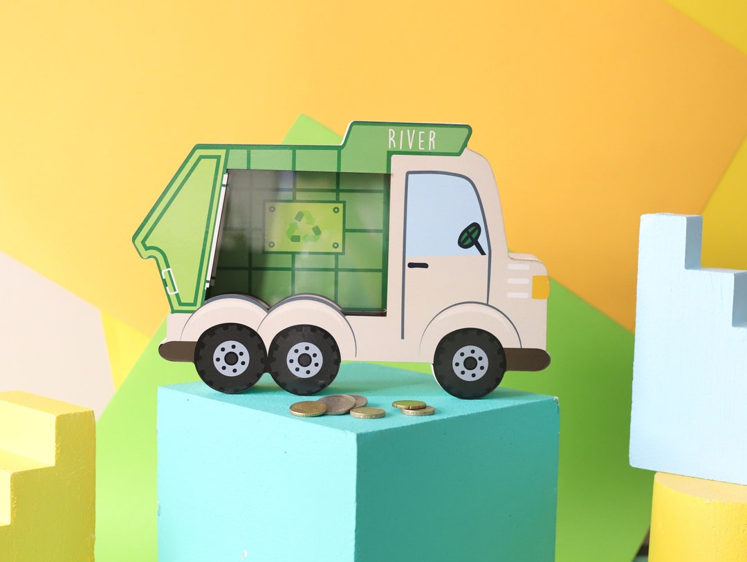 Personalized Garbage Truck Piggy Bank, Custom Name Money Box, Garbage