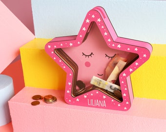 Pink Star Personalized Name Piggy Bank, Custom Name Star Money Bank, Baby Room Decor, Baby Shower Gift, Star Nursery Decor,  Wooden Star