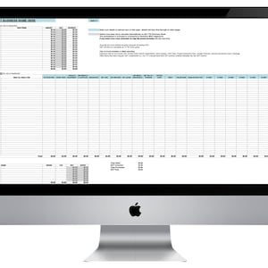 Könnte beinhalten: Ein Computerbildschirm zeigt eine Tabellenkalkulation mit dem Titel "INSERT BUSINESS NAME HERE". Die Tabellenkalkulation ist in Abschnitte für Einnahmen, Ausgaben und Löhne unterteilt. Jeder Abschnitt hat Spalten für Datum, Beschreibung, Betrag und Gesamtbetrag. Die Tabellenkalkulation soll Unternehmen bei der Verfolgung ihrer Finanzen helfen.