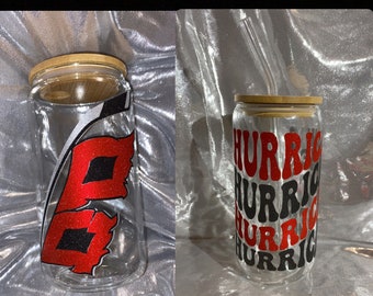Carolina Hurricanes Glass Can with bamboo lid and straw