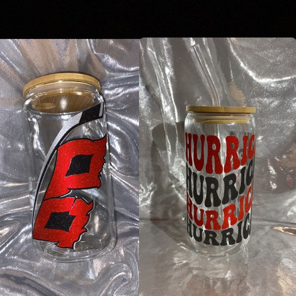 Carolina Hurricanes Glass Can with bamboo lid and straw