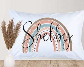 Boho Rainbow with name, Personalized Rainbow Pillowcase, Custom Pillowcase, Kids Pillow Case, Custom Pillowcase Bedroom Decor Gift for Girl