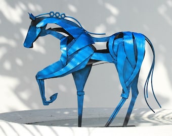 Hand-Painted Metal Horse Statue: Rustic Home Decor (15.8"L x 4"W x 13.5"H) Blue
