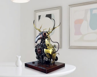 Recycled Metal Cyberpunk Sculpture: Handcrafted Sci-Fi Desk Art