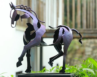 Handmade Metal Horse Sculpture: Rustic Painted Iron Art Purple