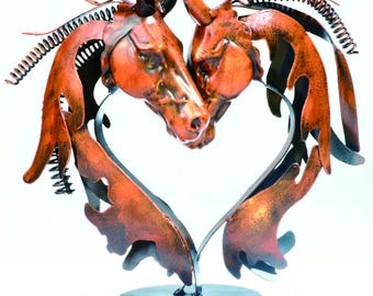 Hand-Painted Metal Double Horse Head Sculpture: Rustic Tabletop Decor H21*L23*W10 CM