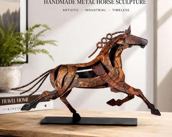 Handmade Water-Dyed Metal Horse Sculpture, Steampunk Equestrian Art, Abstract Copper Tones