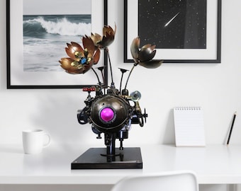 Recycled Metal Cyborg Sculpture: Hand-Forged Cyberpunk Goth Decor