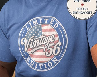 70th Birthday Gift for Men: Custom 1956 Birthday Flag T-Shirt