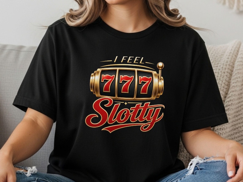 May include: A black t-shirt featuring a graphic of a gold slot machine with three red sevens displayed in the windows. Above the slot machine, the text reads I FEEL in white, and below it, the word Slotty is printed in large red script lettering.