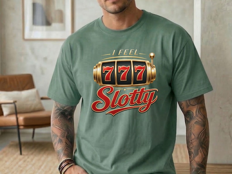 May include: A sage green short-sleeve t-shirt featuring a graphic of a gold slot machine with the number 777 displayed on the reels. Above the graphic is the text I FEEL and below the graphic is the word Slotty in a bold red script font.
