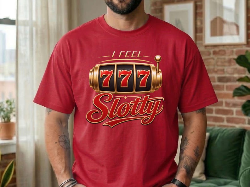 May include: A red short-sleeved t-shirt featuring a graphic of a gold slot machine with the number 777 displayed on the reels. Above the slot machine, the text reads I FEEL, and below it, the word Slotty is written in a large red script font.