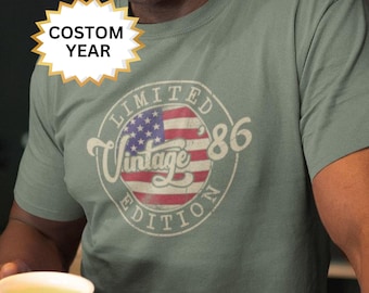 Custom Year T-Shirt, Vintage American Flag Limited Edition Tee, Personalized Birthday Gift