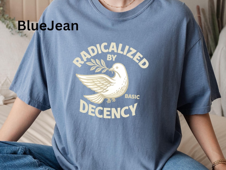 May include: Blue crew neck t-shirt with the text "RADICALIZED BY BASIC DECENCY" and a dove graphic holding an olive branch. The shirt is a muted blue color.