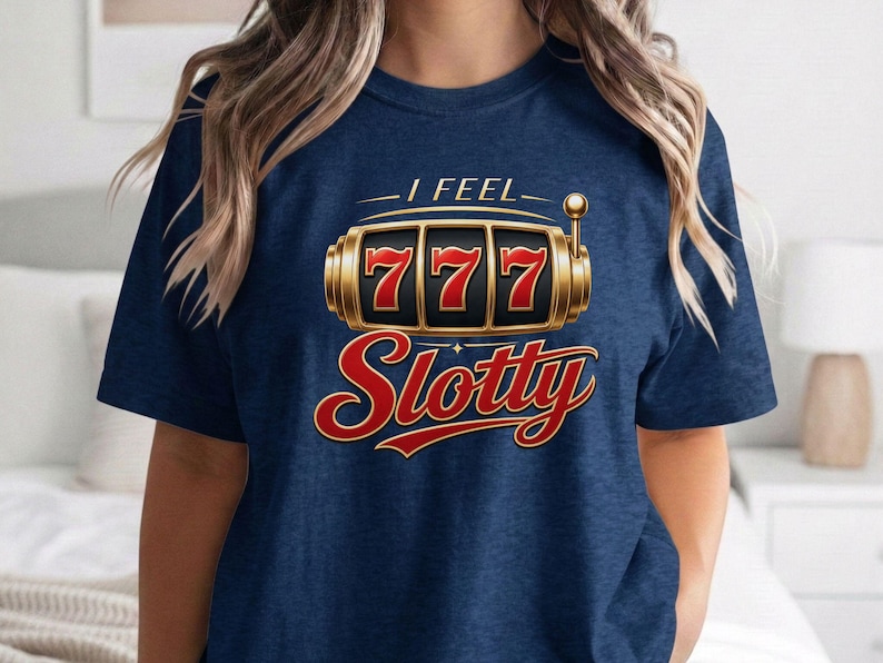 May include: A navy blue short-sleeve t-shirt featuring a graphic of a gold slot machine with three red sevens in the windows. Above the slot machine is the text I FEEL and below it is the word Slotty in a large red cursive font.