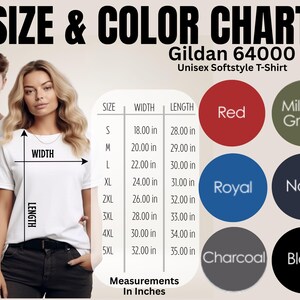 May include: A Gildan 64000 unisex softstyle t-shirt size and color chart. The graphic displays a table with width and length measurements in inches for sizes S through 5XL, alongside six circular color swatches labeled Red, Military Green, Royal, Navy, Charcoal, and Black.