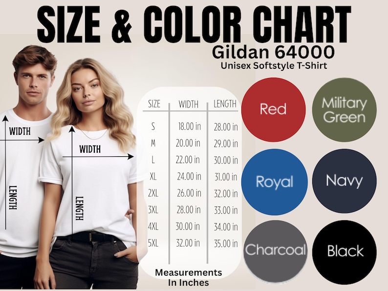 May include: A Gildan 64000 unisex softstyle t-shirt size and color chart. The graphic displays a table with width and length measurements in inches for sizes S through 5XL, alongside six circular color swatches labeled Red, Military Green, Royal, Navy, Charcoal, and Black.