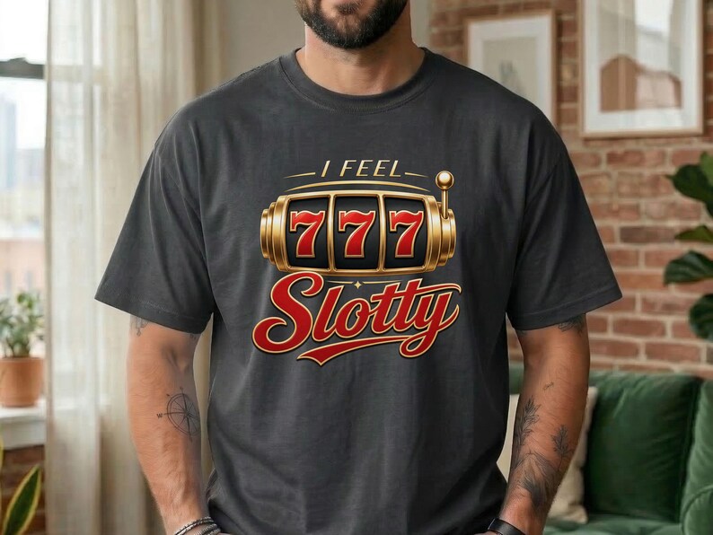 May include: A charcoal gray t-shirt featuring a graphic of a gold slot machine with the number 777 displayed on the reels. Above the slot machine is the text I FEEL and below it is the word Slotty in a large, bold, red cursive font.