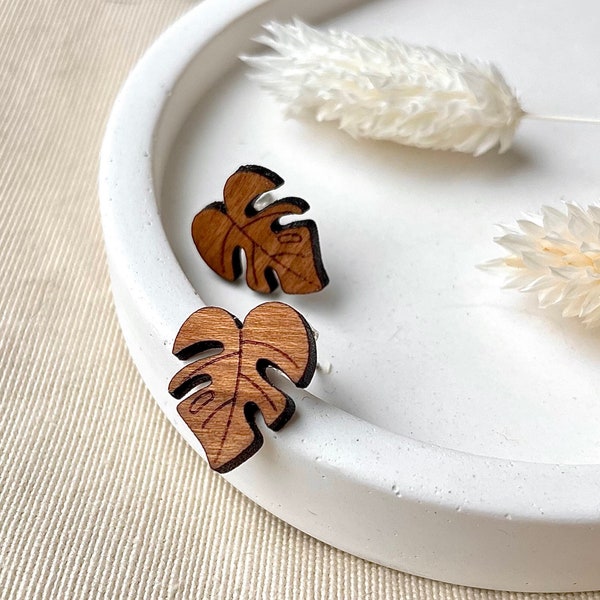 small monstera leaf - mini wooden earrings | gift for her | handmade wooden earrings in boho style | stainless steel studs
