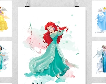 DISNEY PRINCESS print wall art - Various Sizes -Ready to frame - boys girls poster bedroom decor fanart gift frozen anna elsa birthday belle