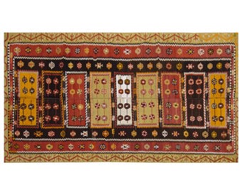 Vintage Floral Turkish Kilim Rug, Handwoven Wool, 6.3 x 11.2 ft