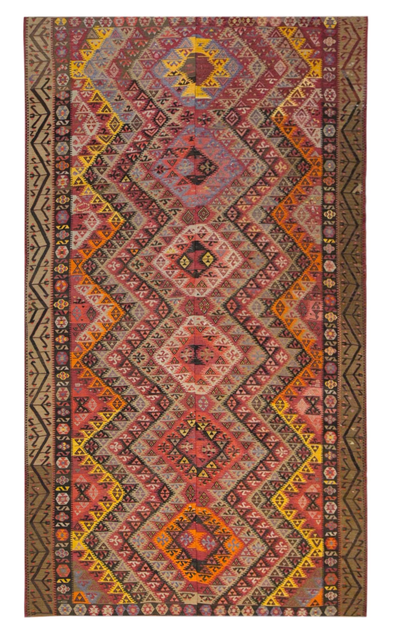 Vintage Kars Kilim, 7x12 Oversized Kilim, 70-80 Years Old