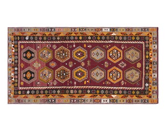 Vintage Sivas Kilim, 6x14 ft, Handwoven Wool Rug, Tribal Medallion Design