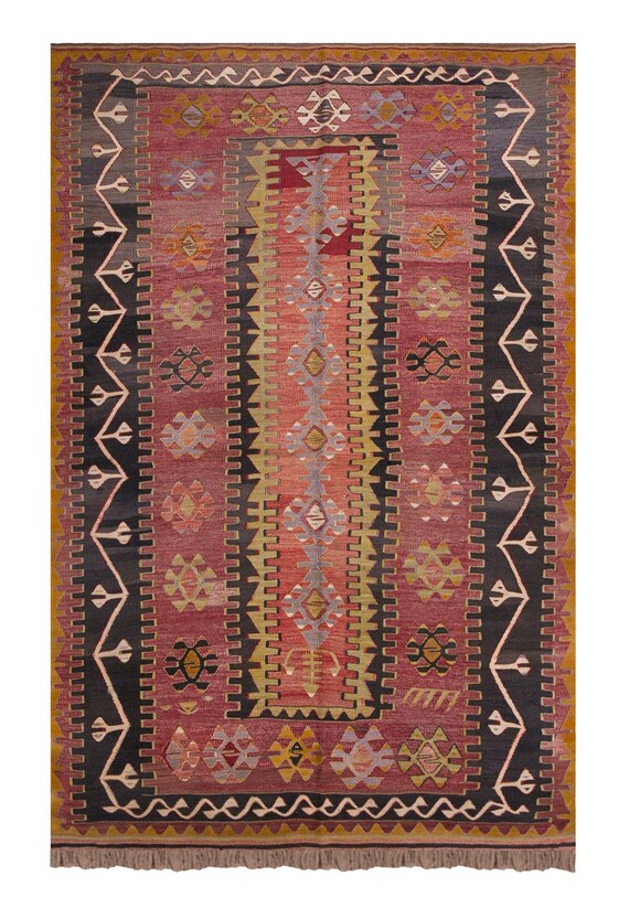 Vintage Turkish Kilim Rug, Olive Flame of Denizli, Tribal