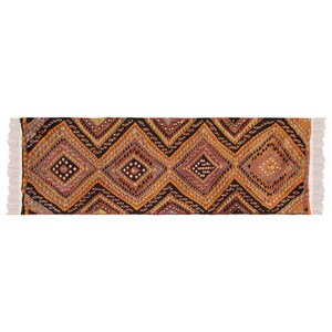 May include: A rectangular, woven rug with a repeating diamond pattern. The rug features a color palette of brown, orange, black, and cream. The edges are finished with a fringe. This rug is suitable for a hallway or entryway.