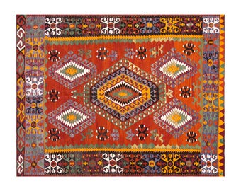 Vintage Turkish Kilim Rug, Handwoven Wool, 6.8 x 11 ft