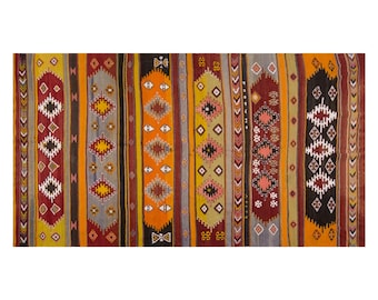 Vintage Turkish Kilim Rug, Handwoven Wool, Striped Tribal Design, 6.4 x 11.6 ft