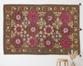 Vintage Silk Cotton Suzani Textile, Hand Embroidered Floral Wall Hanging, Boho Home Decor